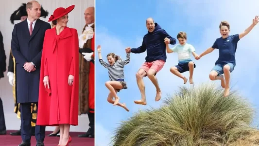 "Prince William stands alongside Catherine, Duchess of Cambridge, with their children, symbolizing the balance between family life and royal duties."