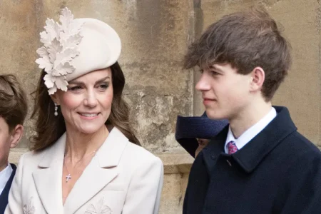 Kate Middleton smiles and chats with James, Earl of Wessex, at the Easter service in Windsor.